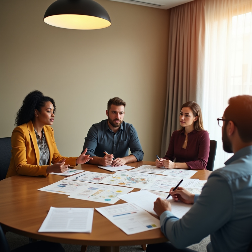 Întâlnire interfuncțională de echipă în cadru profesional